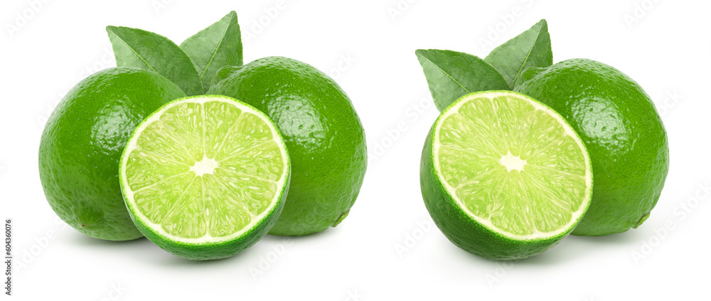 Natural fresh lime and half with green leaf isolated on a white background cut out.