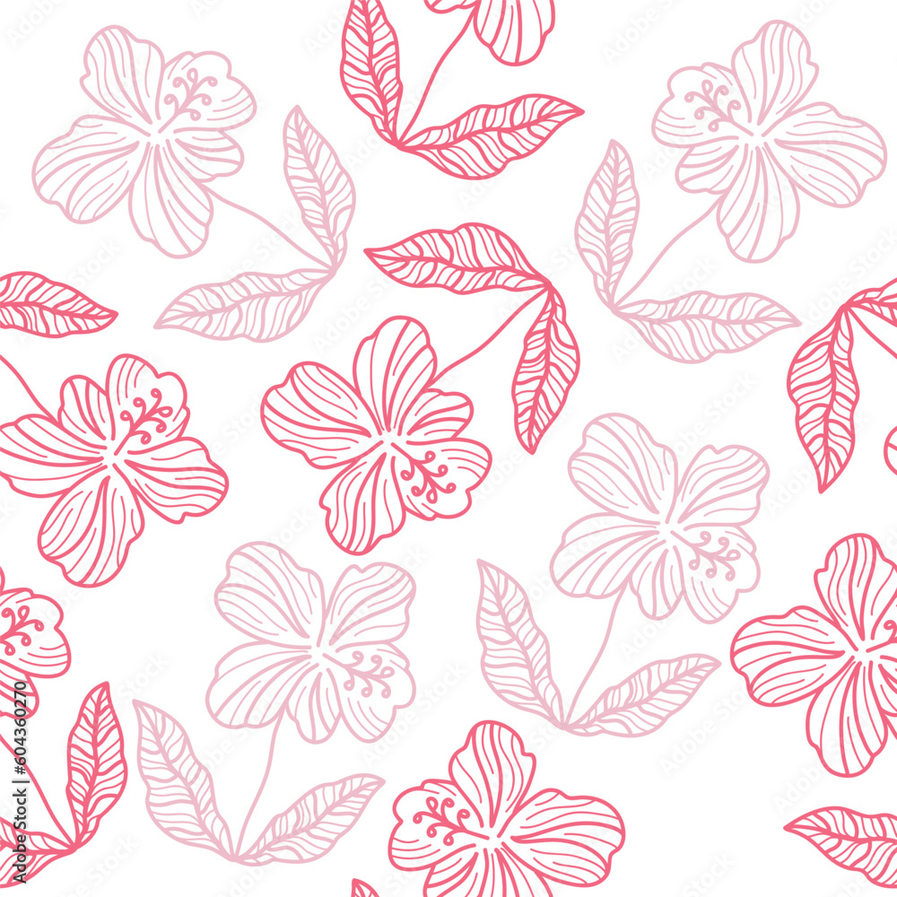 Hibiscus Flower Pattern. Hand Drawn Seamless Floral Pattern