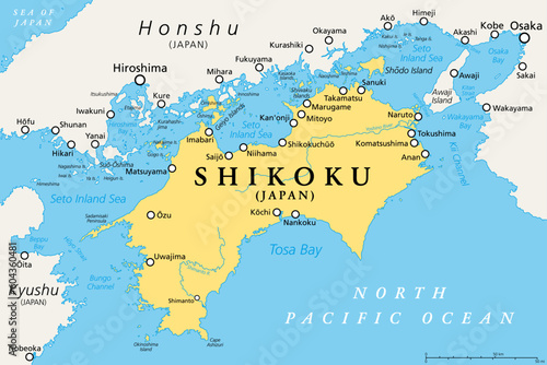 Shikoku, political map. Region and smallest of the four main islands of Japan, northeast of Kyushu, and south of Honshu, separated by the Seto Inland Sea. Shikoku region consists of four prefectures. photo