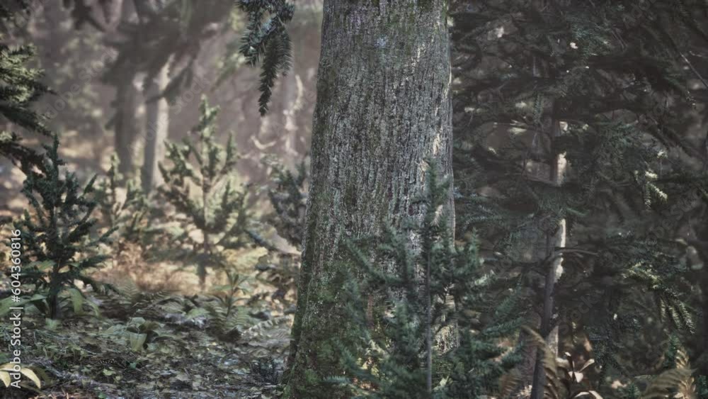 Sunlight entering autumn coniferous forest on a misty morning Sunlight entering autumn coniferous forest on a misty morning