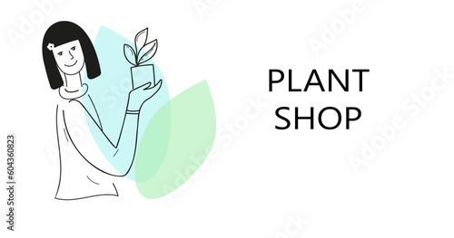  A young smiling woman florist holds a pot with a young plant in her hands. Small business and self-employment concept. Hand drawn doodle outline vector illustration.