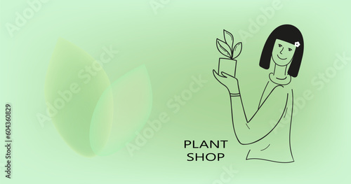  A young smiling woman florist holds a pot with a young plant in her hands. Small business and self-employment concept. Hand drawn doodle outline vector illustration.
