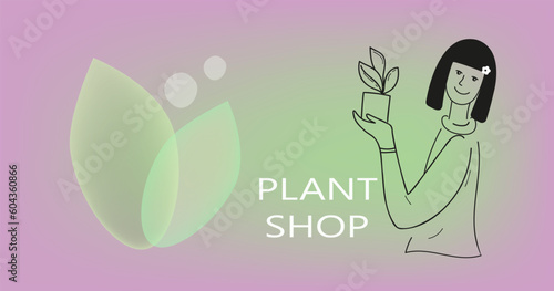  A young smiling woman florist holds a pot with a young plant in her hands. Small business and self-employment concept. Hand drawn doodle outline vector illustration.