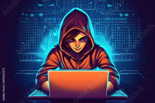 hacker stealing data . Anonymous cute hacker. Concept of hacking cybersecurity, cybercrime, cyberattack . hacker with laptop computer