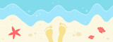 Sea beach banner. Vector illustration of waves and footprints in sand. Drawing of starfish and shells. Summer background.