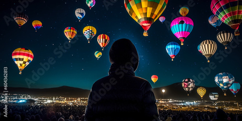 Enchanting night scene of luminous hot air balloons as dazzled visitor admires vibrant show, exuding amazement and thrill at Albuquerque Balloon Fiesta, USA. Generative AI