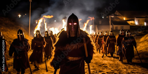 Stunning Viking Up Helly Aa torchlight procession in Shetland Islands, Scotland; participants wearing traditional attire, concealing faces amidst fiery glow and mystic shadows. (). Generative AI