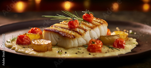 Codfish served in a luxury restaurant, with potatoes and tomatoes.  © André