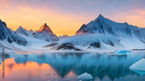 Sunset illuminated glaciers on a mountain. Creating a stunning contrast between ice and sky. photo