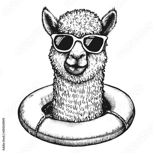 cool llama wearing sunglasses in the swimming ring sketch, summer alpaca 