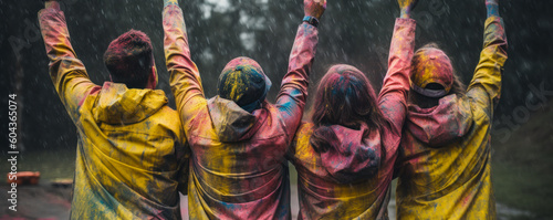 A group of friends stand from behind, joyful and victorious through a shower of color and glitter; the image expresses the joy and excitement of shared success. Generative AI