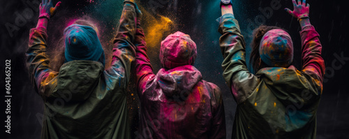 Captivating image of friends raising arms in victory, wearing vibrant raincoats amidst paint, glitter & confetti, displaying joy and collaboration – a true celebration of success. Generative AI
