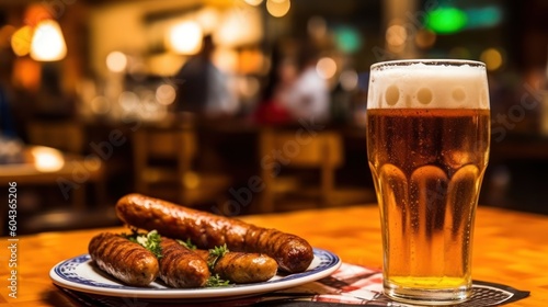 Grilled sausages and cold beer. Generative AI
