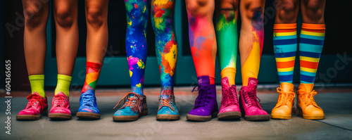 Friends wearing brightly colored socks walk on a painted sidewalk, symbolizing unity and a sense of belonging in diversity. Generative AI photo