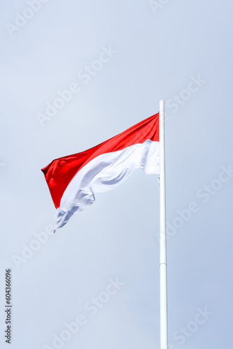 flag of Indonesia, flag of the country, waving flag, red and white flag, waving flag against a clear sky background