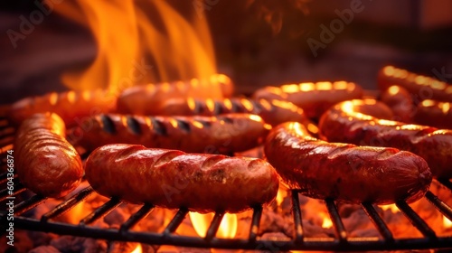 Grilled sausages are cooked on the grill, in the open air. Generative AI