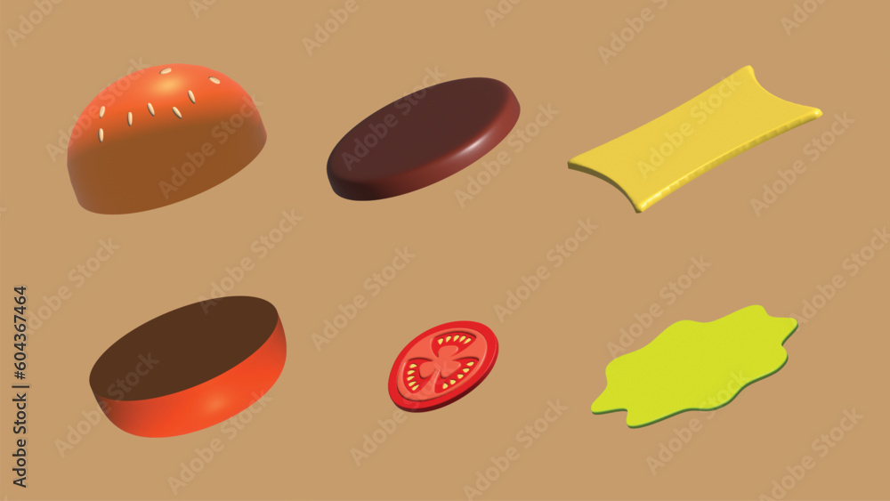 Classic hamburger ingredients 3d icons isolated on a light brown background, realistic 3d burger bun with seeds, burger slice, cheese, tomato and lettuce. Vector illustration Classic hamburger ingredients 3d icons isolated on a light brown background, realistic 3d burger bun with seeds, burger slice, cheese, tomato and lettuce. Vector illustration