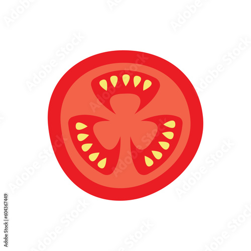 Slice of tomato flat icon isolated on white background, 2d tomato slice with seeds Vector illustration