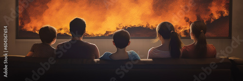 Captivating family scene facing blazing landscape, sitting carefree on a couch, watching fiery nature as the world burns. Evoke powerful emotions & ignite awareness. Generative AI