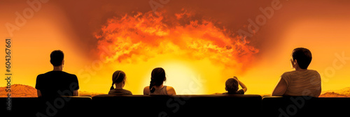 Captivating image of a carefree family sitting on a couch  gazing at the burning landscape approaching them - evoking strong emotions about climate change. Generative AI
