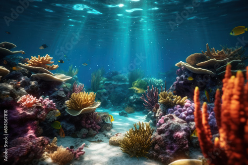 Under blue sea and colorful coral background. Summer and environment concept. Generative ai.