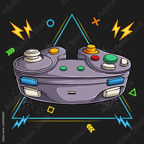 Hand drawn analog joystick game console, colorful video game controller and game pad