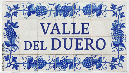 Valle del Duero on Frame of Azulejos (name of Portuguese tiles) with blue bunches of grapes	 photo