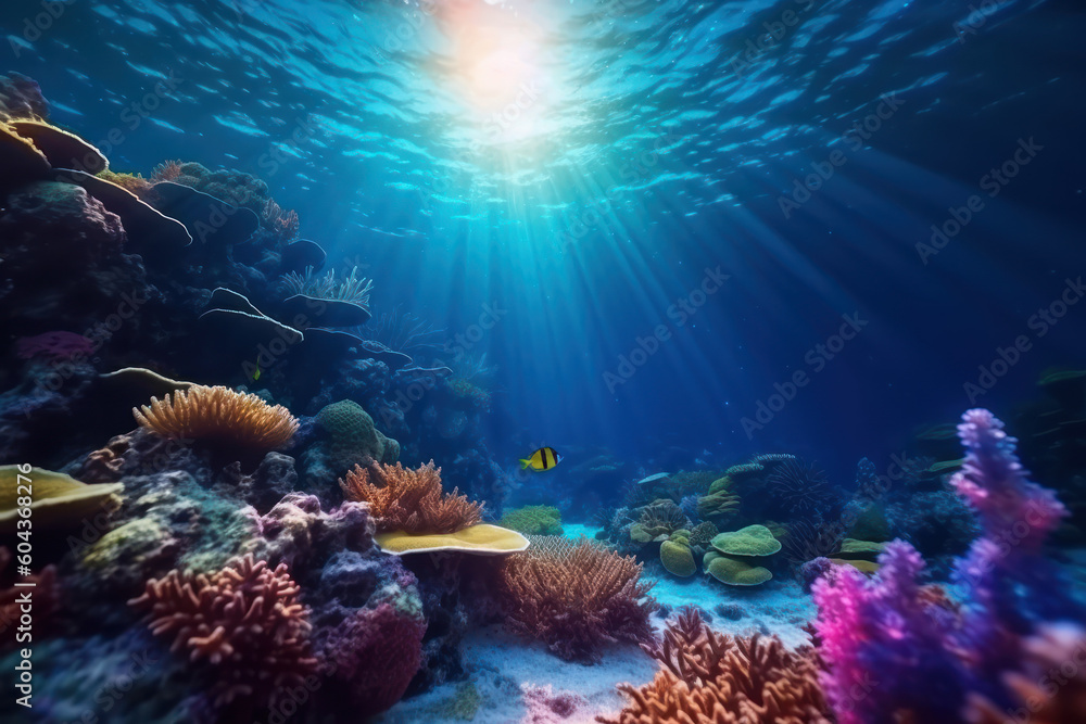 Fototapeta premium Under blue sea and colorful coral background. Summer and environment concept. Generative ai.