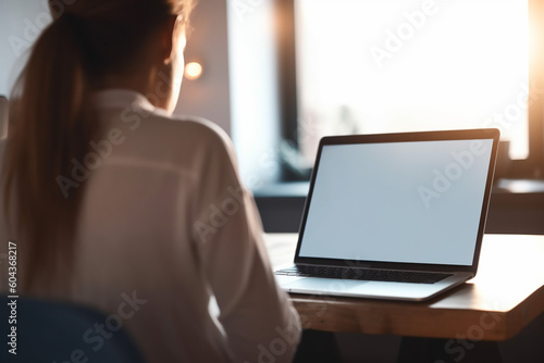 Young woman from behind, working at laptop at table, mock up white computer screen. Online learning, freelance concept Generative AI