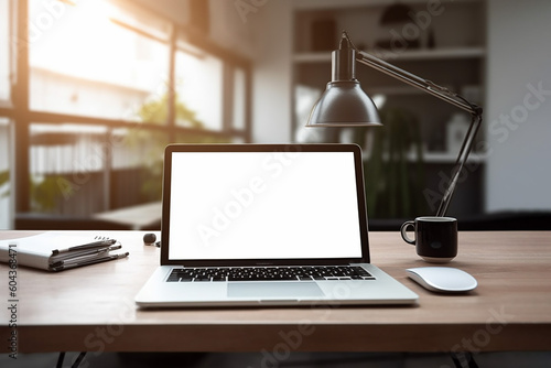 Working table, space for working with lap top with blanc empty screen on table. Lap top mockup. Generative AI