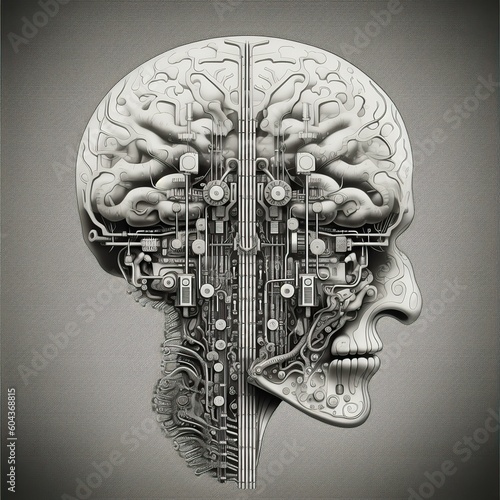 AI Generated. AI Generative. Engraving vintage retro illustration of future education system ai artificial intelligence brain mind human head.  Graphic Art Illustration