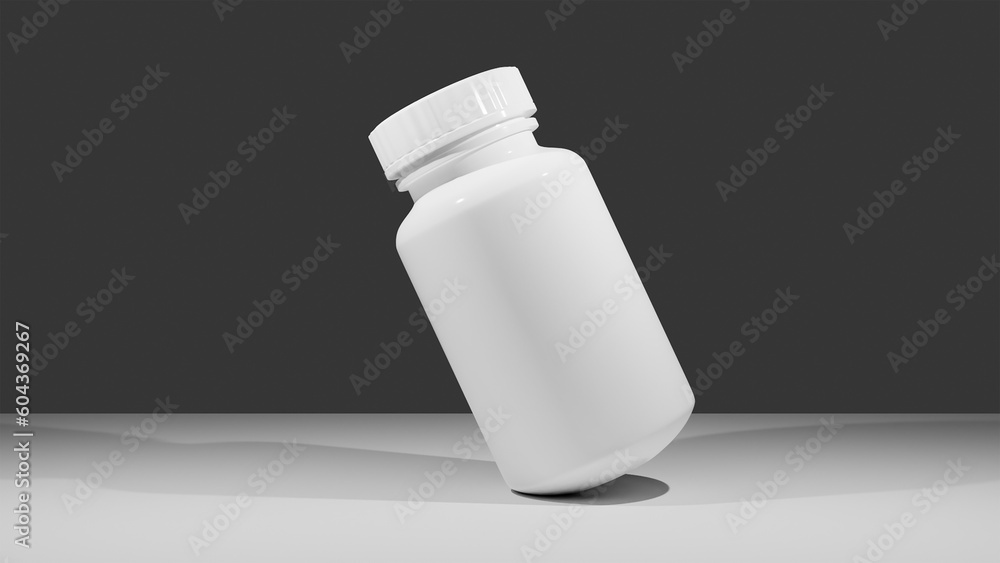 White supplement bottle for medicine with white floor and black background White supplement bottle for medicine with white floor and black background