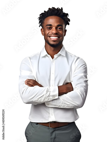 Portrait of a young smiling African American man looking at the camera with his arms crossed. Happy man standing successful businessman. Generated AI. PNG. Transparency. © slawomir366