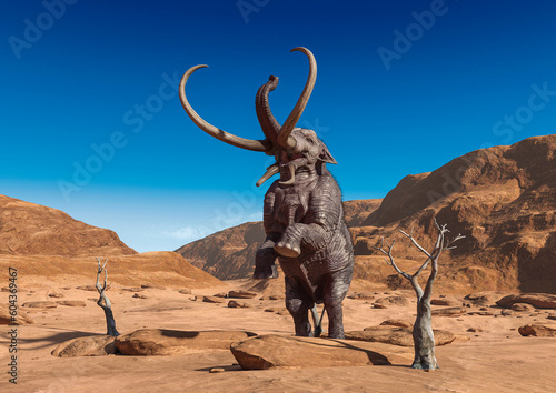 colossadon mammoth is prancing among the dead trees on the dry desert in front view