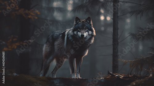 Animal Power - Creative and wonderful colored portrait of a wolf in front of a dark background in a forest that is as true to the original as possible and photo-like full body