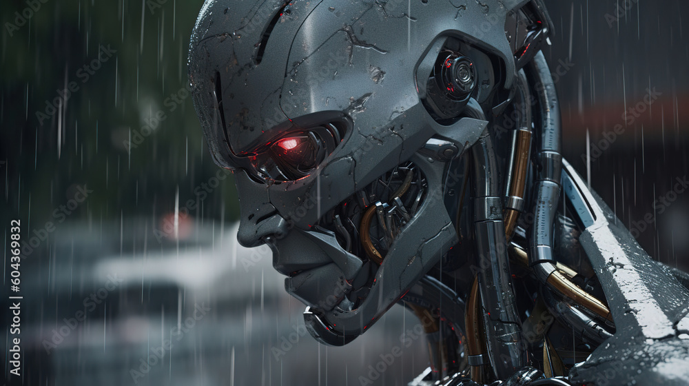 Fototapeta premium cyborg face angry expression with red glowing eyes. Generative Ai