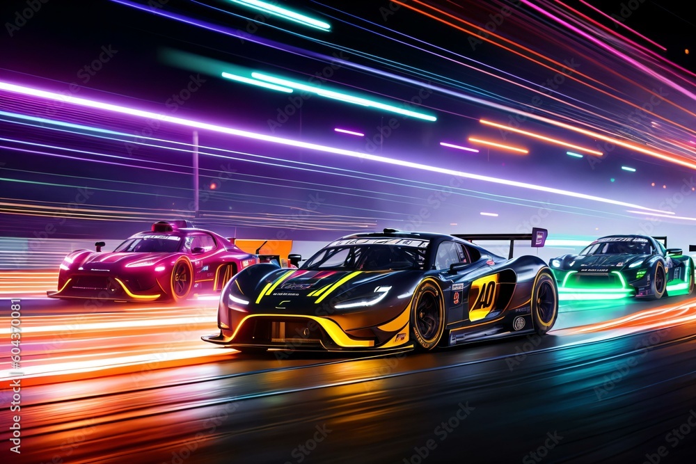 Futuristic Speedsters: Race Cars on a Neon Track. AI Generated.