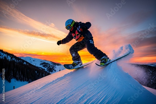 Riding the Powder: A Snowboarder's Journey Down the Slope. AI Generated.