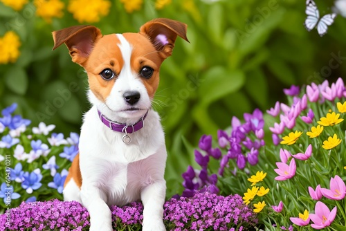 A Playful Jack Russell Terrier in a Field of Spring Flowers. AI Generated.