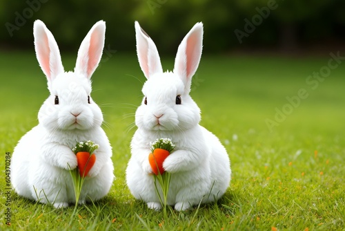 Adorable Bunnies Sharing Love with a Heart-Shaped Carrot. AI Generated.