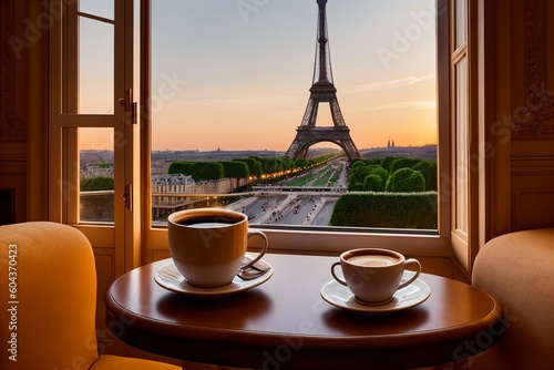 A Romantic Cup of Coffee in a French Hotel Room with a View of the Eiffel Tower. AI Generated.