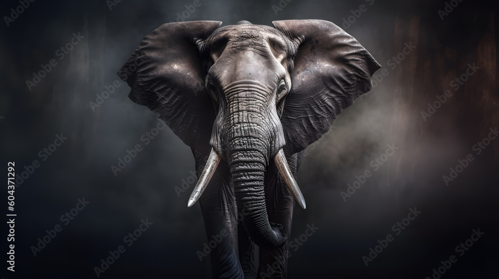 Fototapeta premium Animal Power -Creative and wonderfully colored full-body picture of an African elephant in front of a dark background that is as true to the original as possible and photo-like