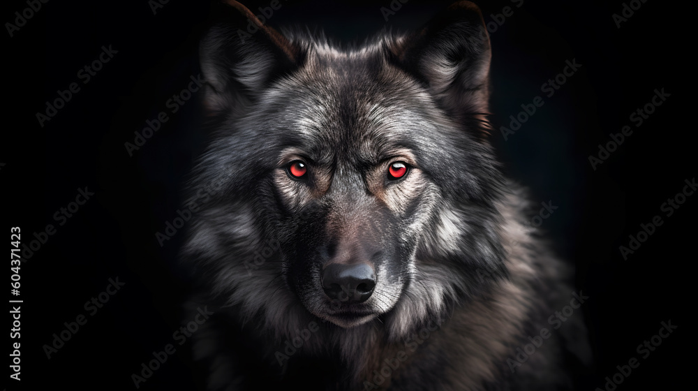 Animal Power - Creative and wonderful colored portrait of a wolf in front of a dark background that is as true to the original as possible and photo-like