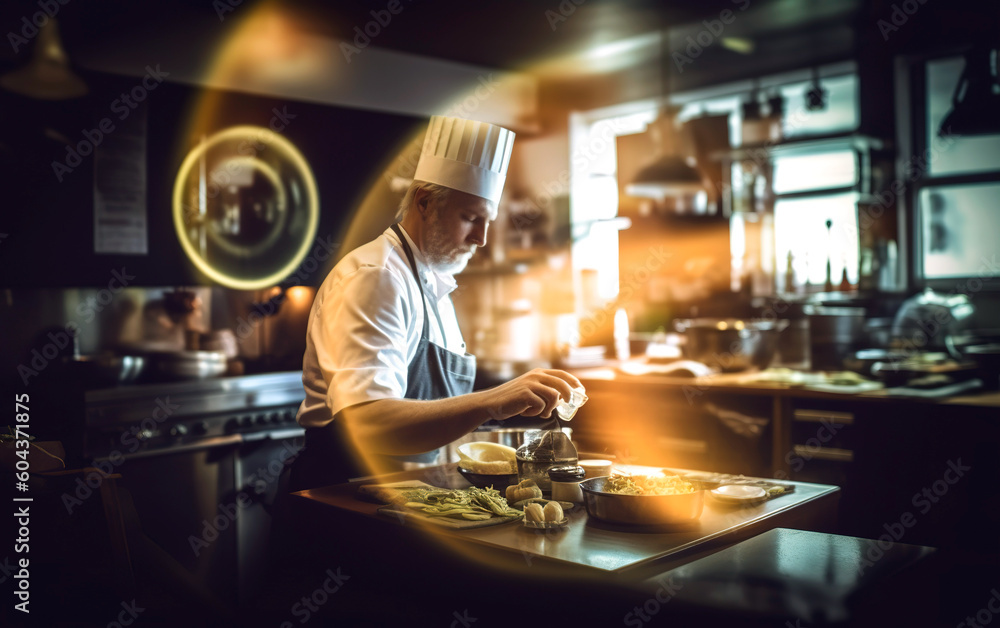 Man chef preparing food in the kitchen. Generative AI.