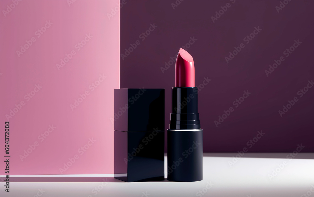 Pink lipstick over pink studio background. Product and make up photo concept. Generative AI. Pink lipstick over pink studio background. Product and make up photo concept. Generative AI.