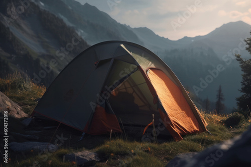 A serene mountain view with a tent pitched in the foreground, perfect for showcasing the beauty of the wilderness and the tranquility of the great outdoors. AI Generative.