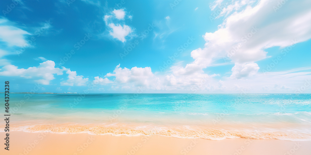 Tropical summer beach with golden sand, turquoise ocean and blue sky with white clouds on bright sunny day. Colorful landscape for summer holidays. Generative AI