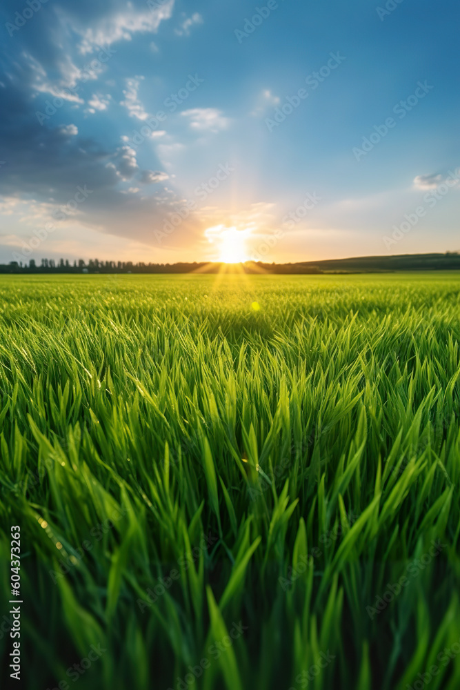 Beautiful panoramic natural landscape of a green field with grass against a blue sky with sun. Generative AI