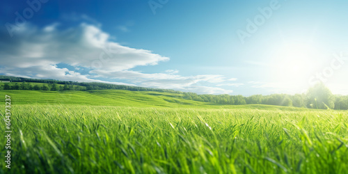 Beautiful panoramic natural landscape of a green field with grass against a blue sky with sun. Generative AI