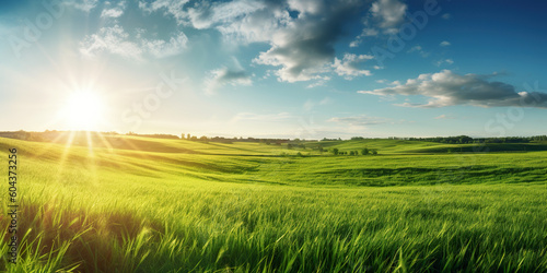 Beautiful panoramic natural landscape of a green field with grass against a blue sky with sun. Generative AI